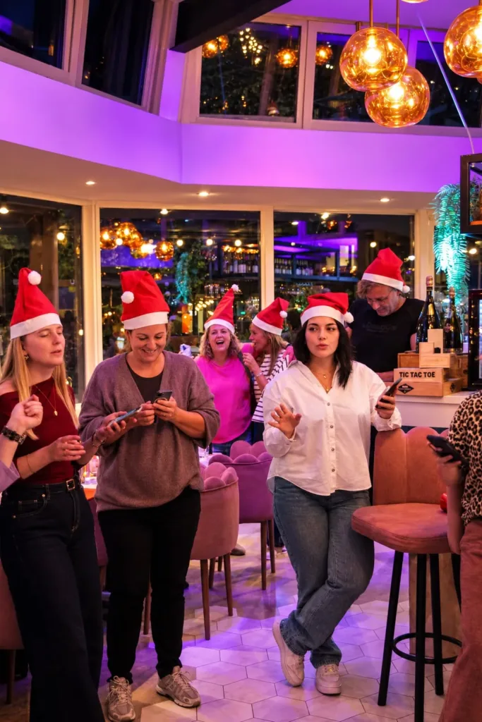 Groep met kerstmutsen aan de bar van Broox Rotterdam speelt samen een spel op de telefoon tijdens een kerstborrel