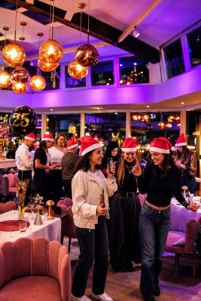 Drie vrouwen met kerstmutsen dansen tijdens een kerstfeest bij Broox Rotterdam aan de Meent, onder koperen hanglampen