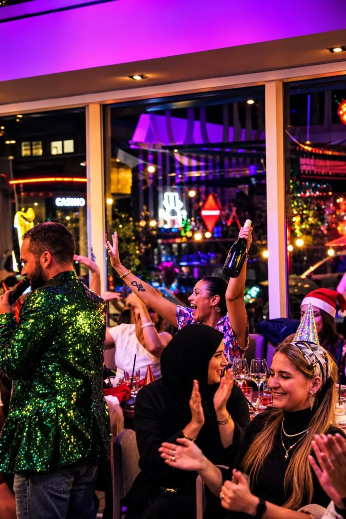 Gasten juichen en heffen een fles champagne terwijl de entertainer zingt op een kerstfeest bij Broox Rotterdam