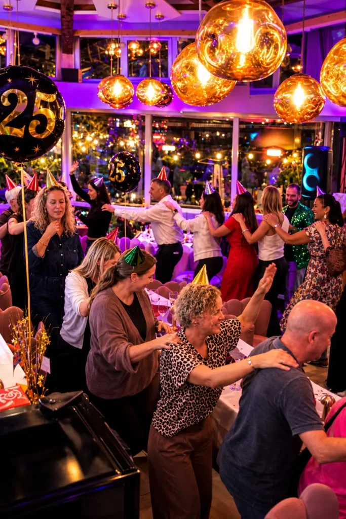 Polonaise met feesthoedjes door de volle zaal van Broox Rotterdam aan de Meent, onder koperen hanglampen en 25-ballonnen