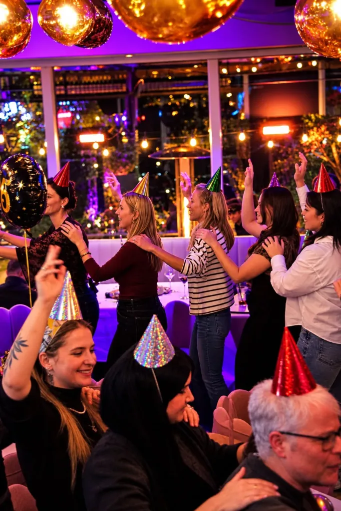 Gasten met feesthoedjes doen een polonaise onder de koperen lampen van Broox aan de Meent in Rotterdam
